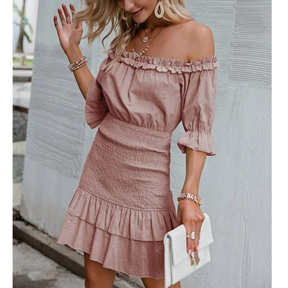 Blush Pink Ruffle Smocked Off Shoulder Lantern Sleeve Bodycon Mini Dress Sundres - Picture 1 of 7